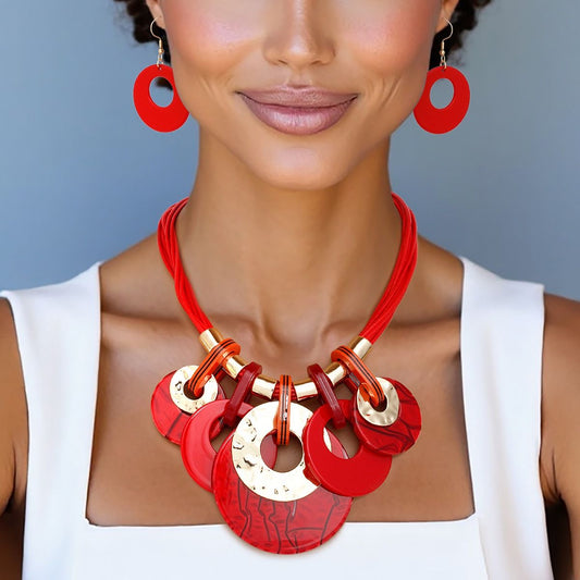 Collar Red with Gold Cord and Disc Necklace Set