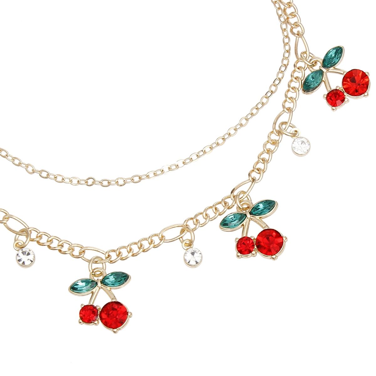 Anklet Cherry Red Rhinestone Double Gold Chain