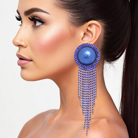 Clip On Royal Blue Pearl Dome Stone Fringe Earring