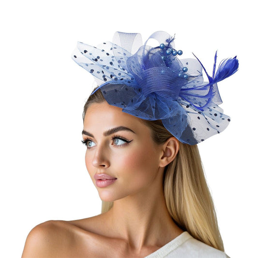 Royal Blue Flower Feather Polka Dot Fascinator