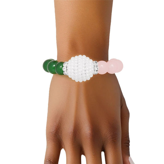 AKA Sorority Pink Green Pearl Glass Bead Bracelet