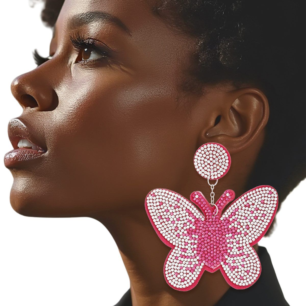 Drop Fuchsia Butterfly Rhinestone Fabric Earrings