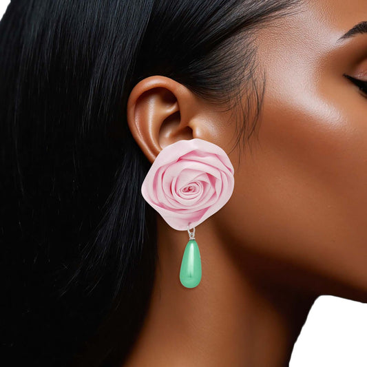 AKA Pink Rose Green Pearl Teardrop Stud Earrings