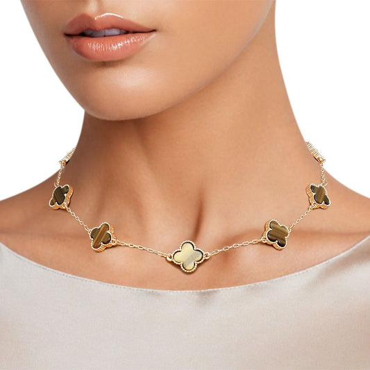 Necklace Gold Brown Quatrefoil Clover 7 Motifs