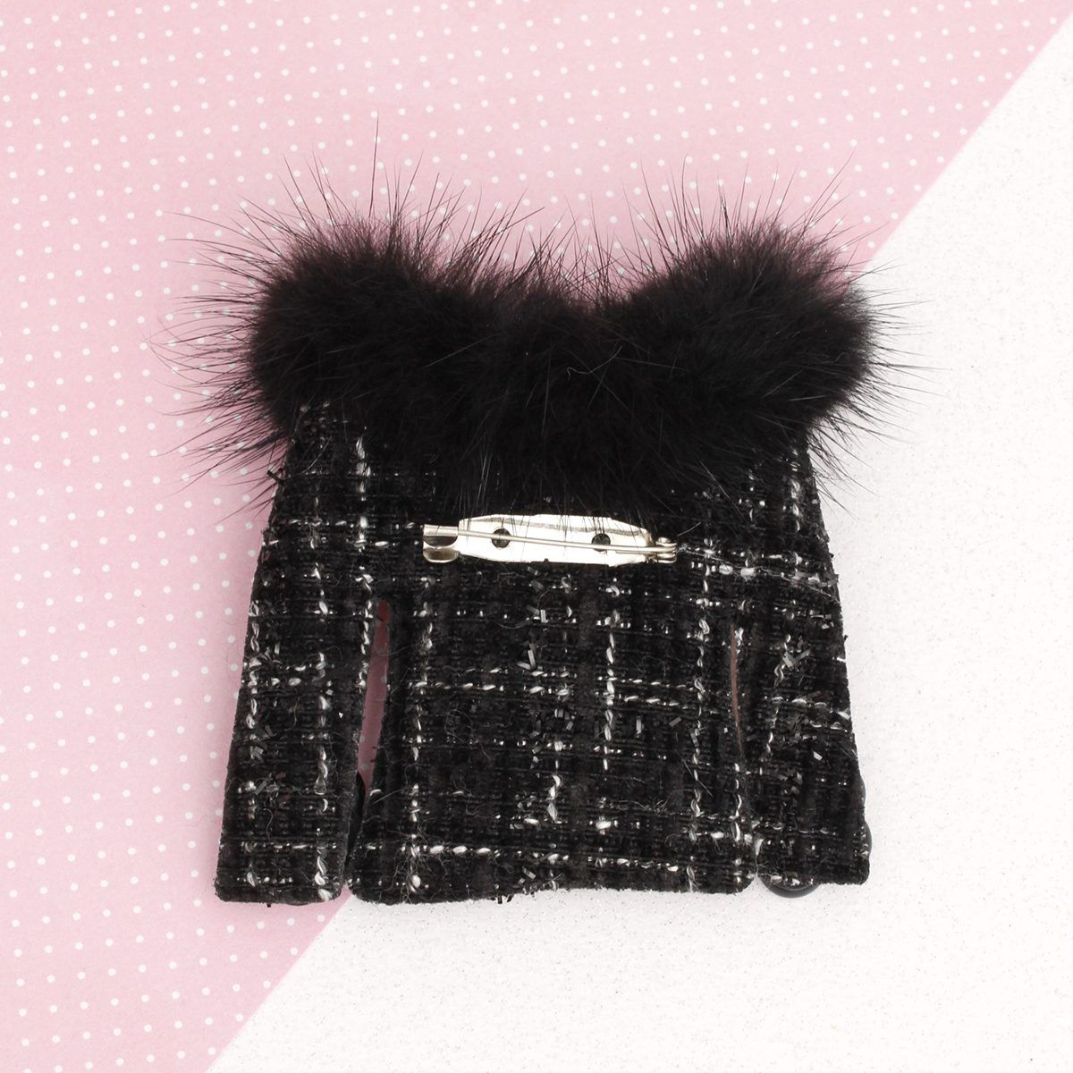 Brooch Black Tweed Fur Collar Sweater Camellia