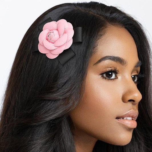 Brooch Clip Pink Faux Leather Camellia Ribbon Pin