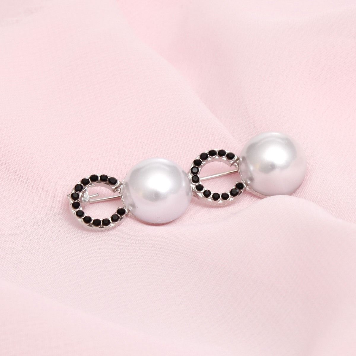 Brooch Iconic Silver Black Pave and Pearl Coco Pin