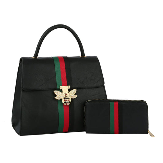 Satchel Soft Black Bee and Stripe Handbag Set