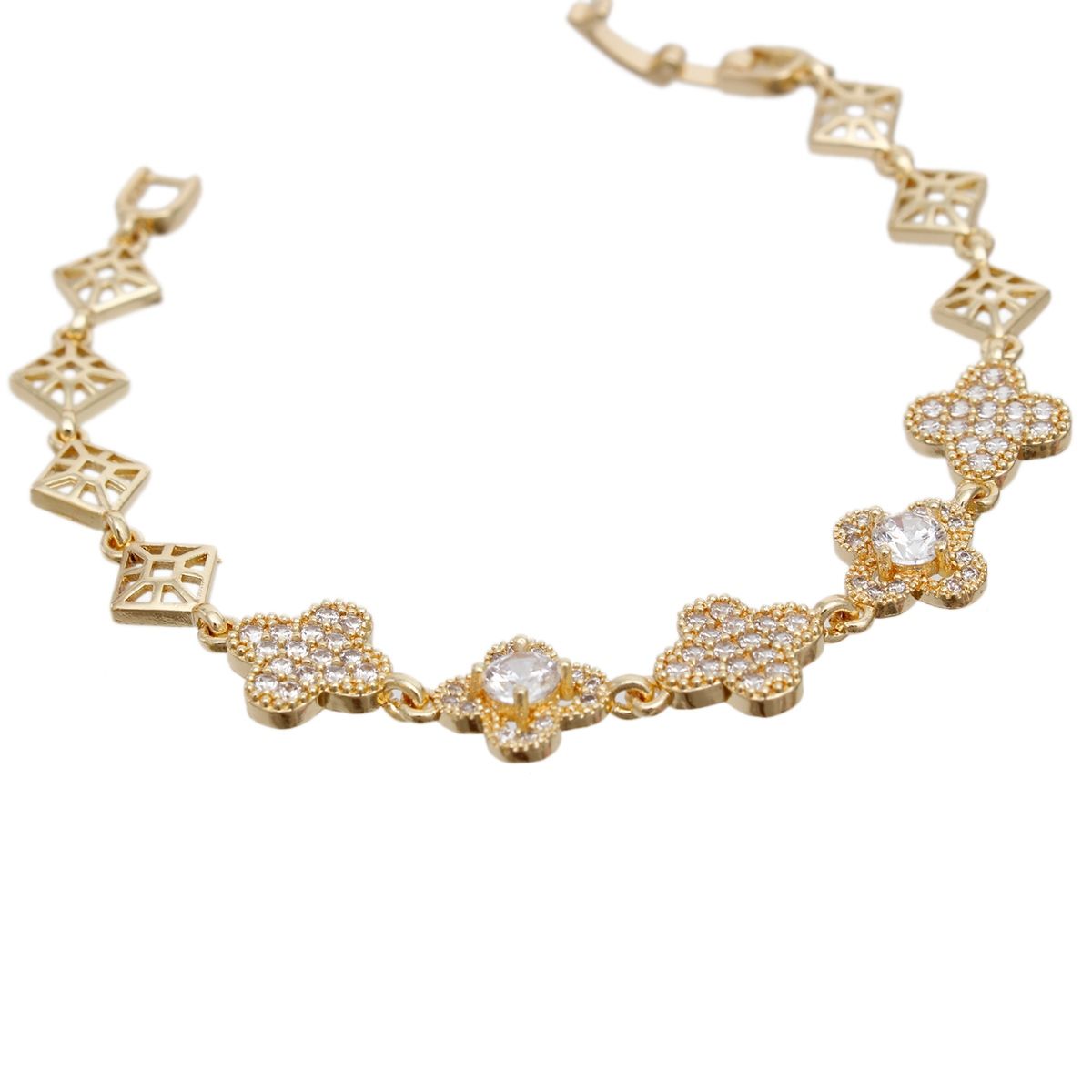 Tennis Bracelet Gold Brass CZ Clover Link Chain