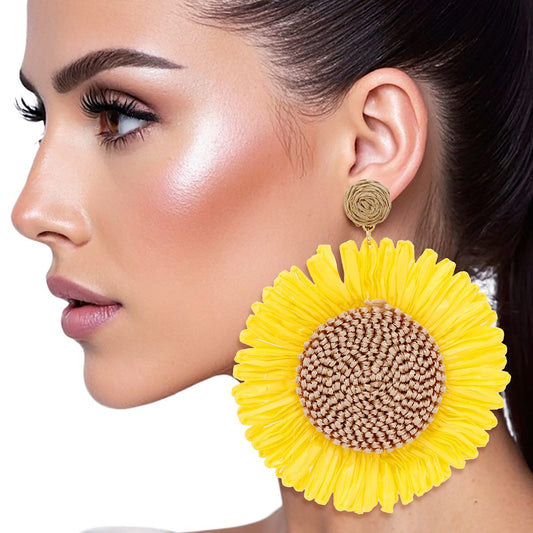 Drop XL Playful Yellow Raffia Sunflower Earrings