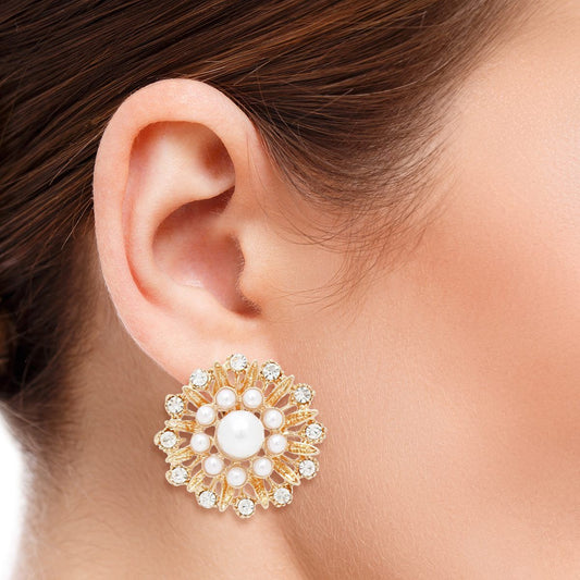 Clip On Runway Worthy Gold Pearl Round Earrings