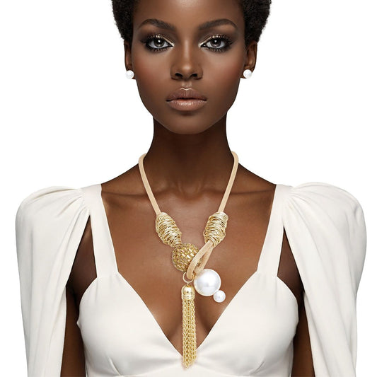 Toggle Pearl and Brown Tassel Gold Chain Necklace