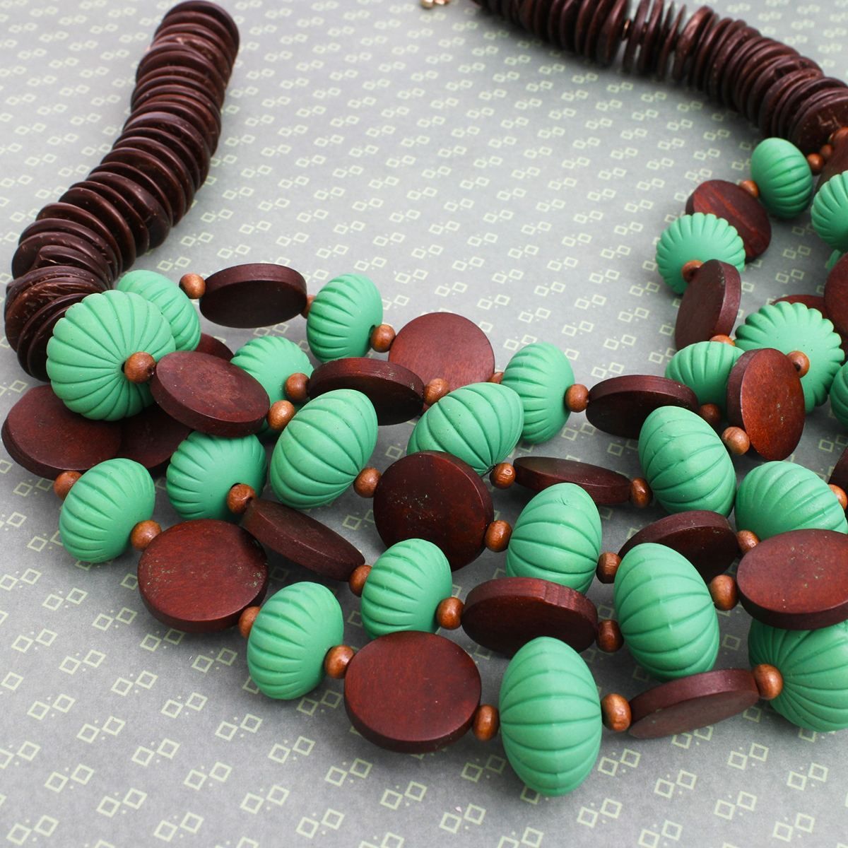 Beaded Green Coconut Wood Disc Necklace Women