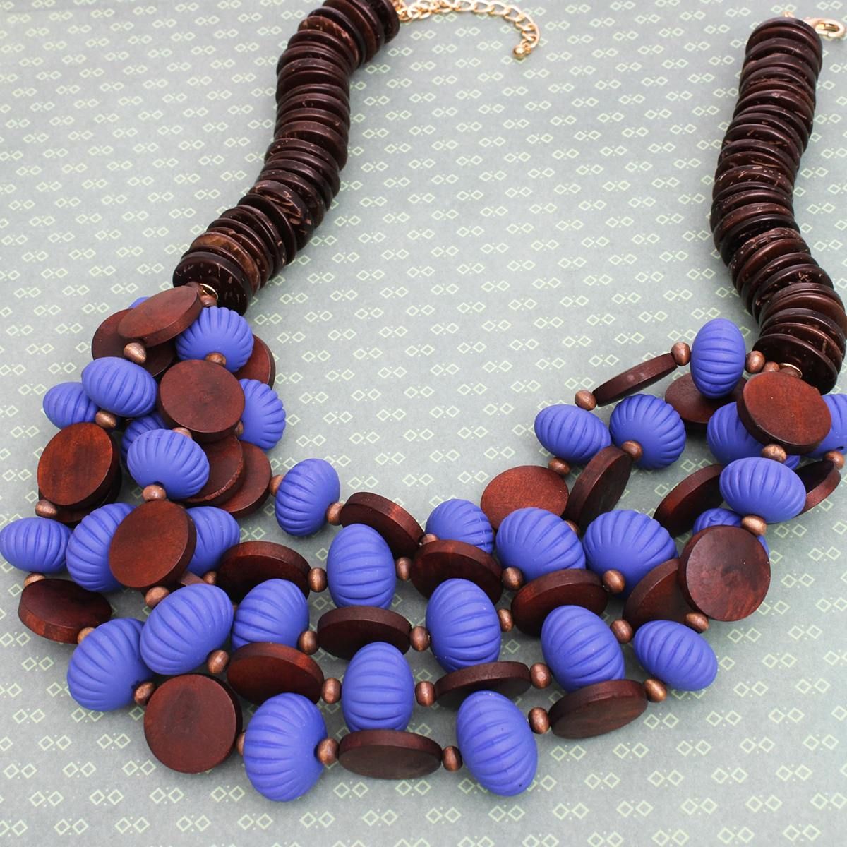 Beaded Royal Blue Coconut Wood Disc Necklace Women