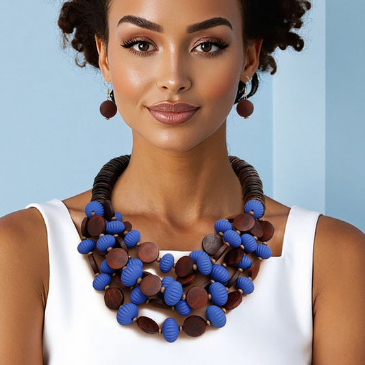 Beaded Royal Blue Coconut Wood Disc Necklace Women