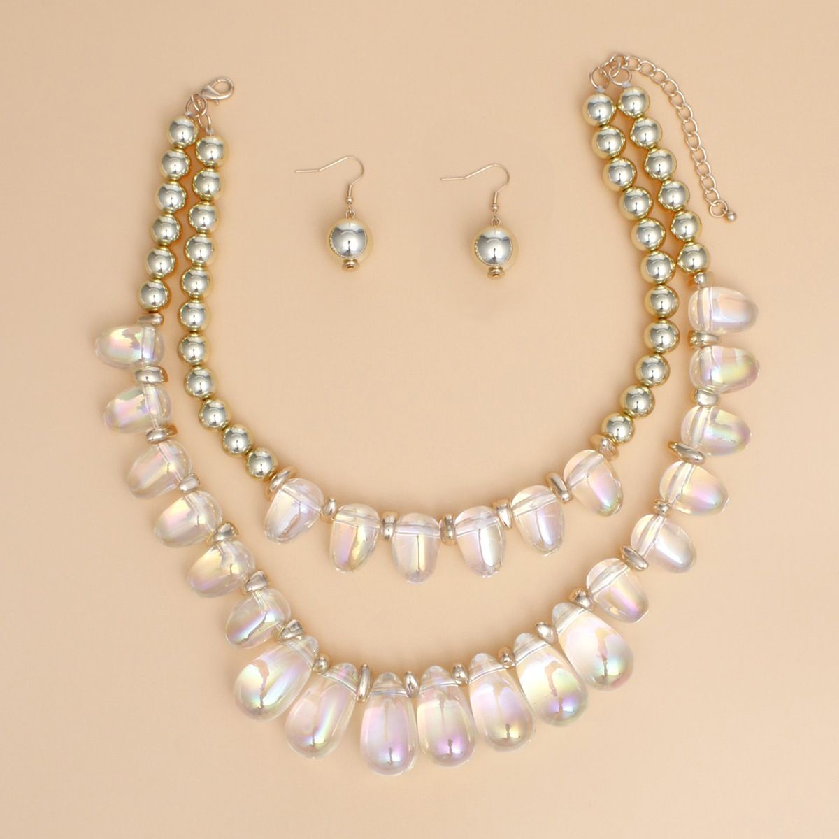 Beaded Clear Iridescent Teardrop Bead Necklace
