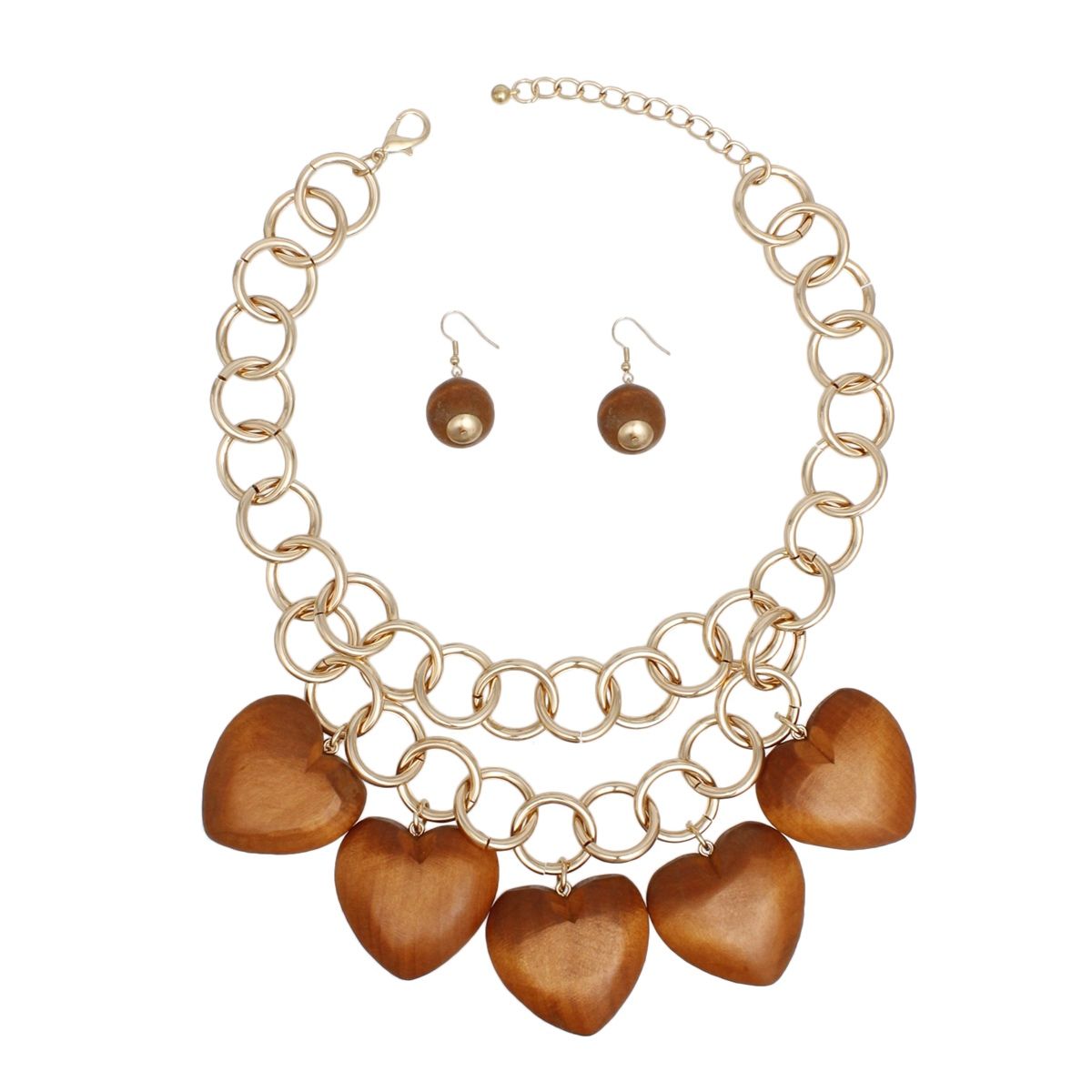 Bib Chunky Brown Wooden Heart Bead Necklace