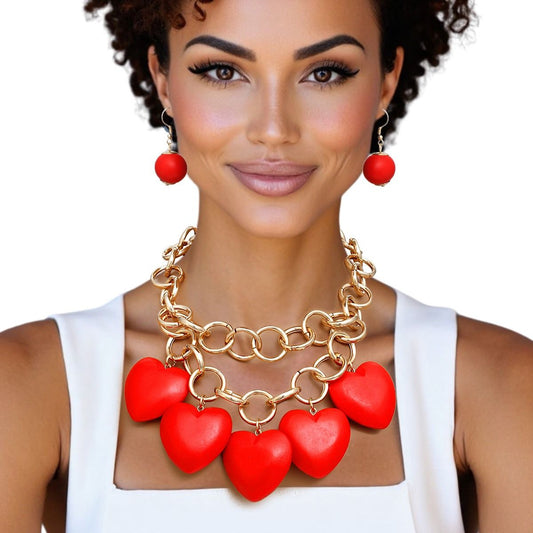 Bib Chunky Red Wooden Heart Bead Necklace