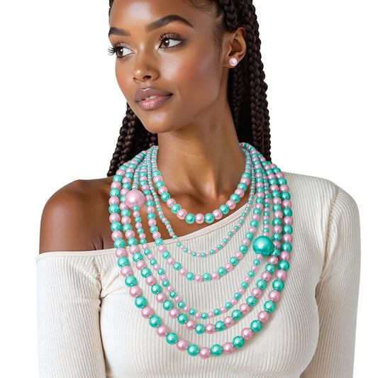 AKA Pink Green Pearl Long Layers 6 Strand Necklace