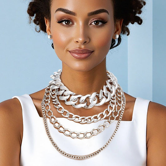 Chain High Impact Silver 4 Layer Necklace Set