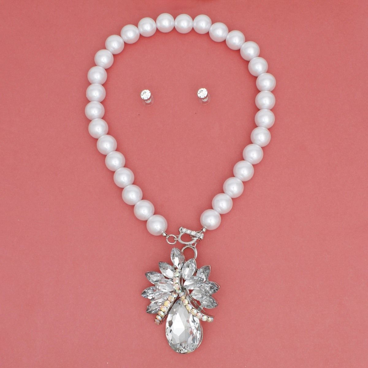 Toggle Pearl and Clear Glass Pendant Necklace