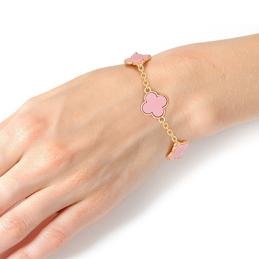Gold Chain Bracelet Pink Quatrefoil Clovers Women