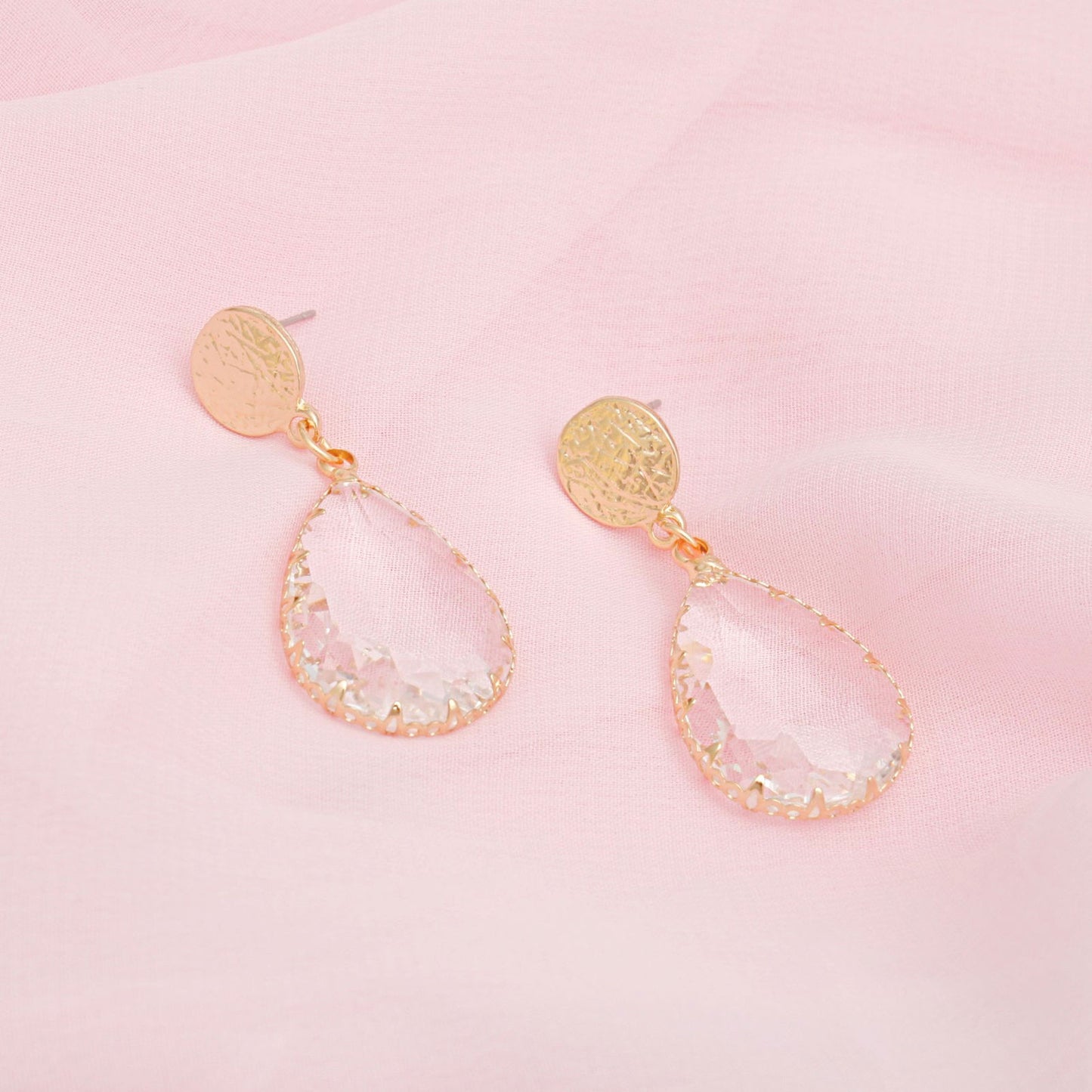 Teardrop Scratched Gold Clear Glass Drop Earrings