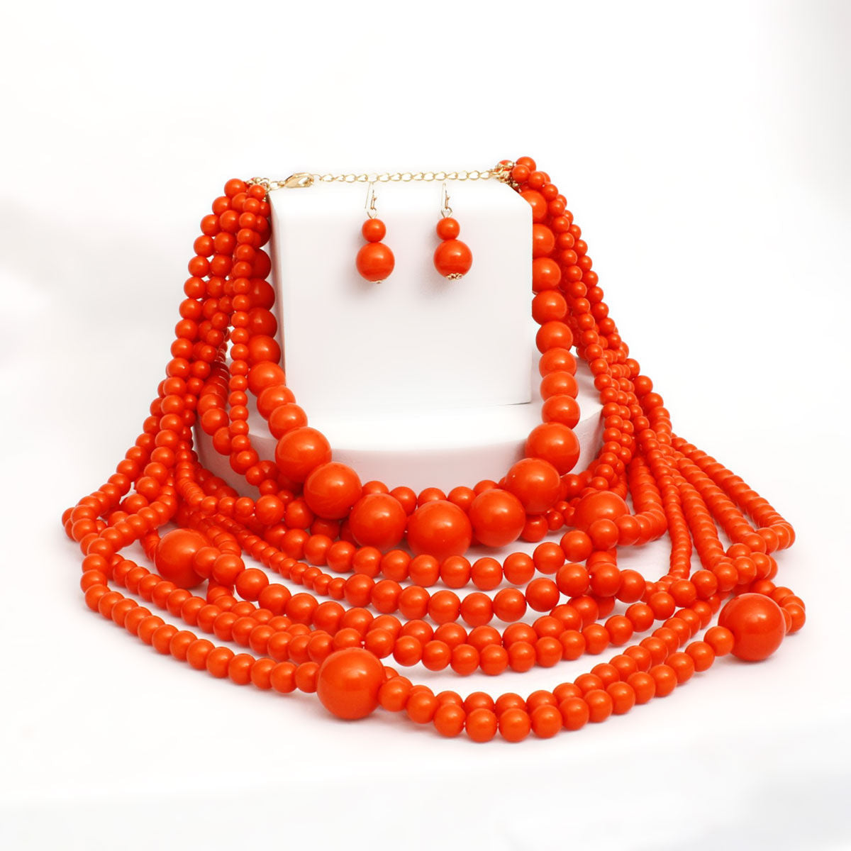 Beaded Orange 10 Strand Long Layered Necklace