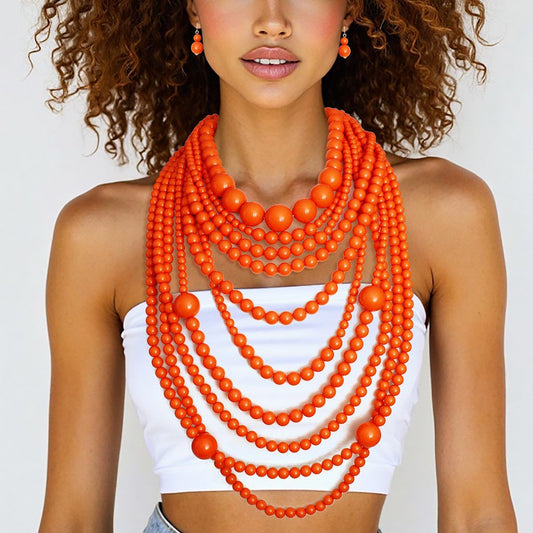 Beaded Orange 10 Strand Long Layered Necklace