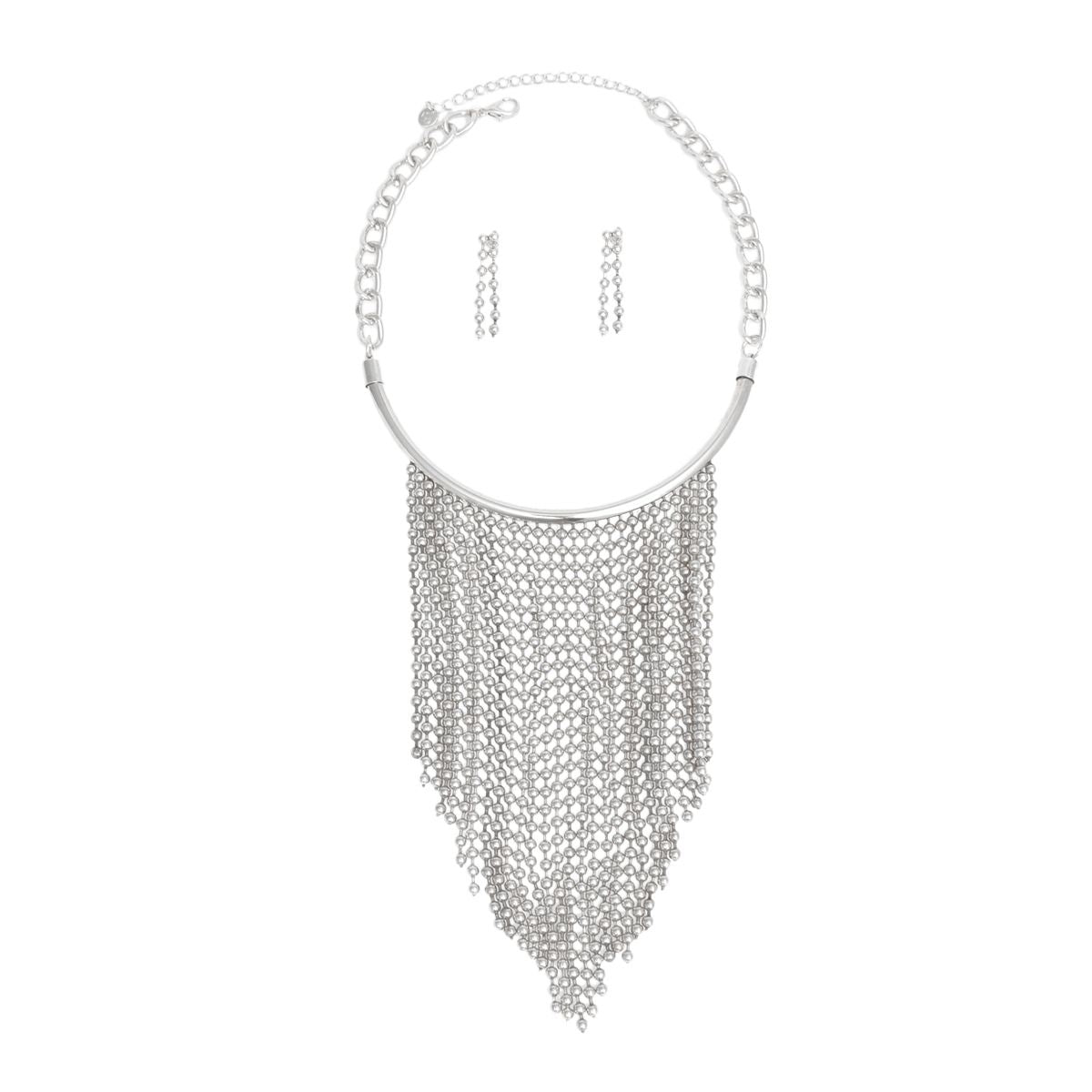 Bib Silver Ball Chain Fringe Necklace for Women