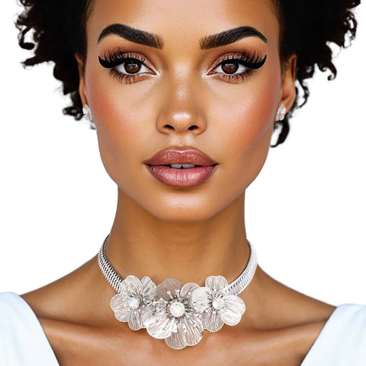 Collar Silver Flex Chain Blooming Floral Necklace