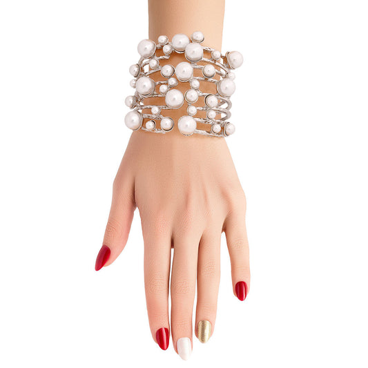 White Pearl Studded Silver Hinge Cuff