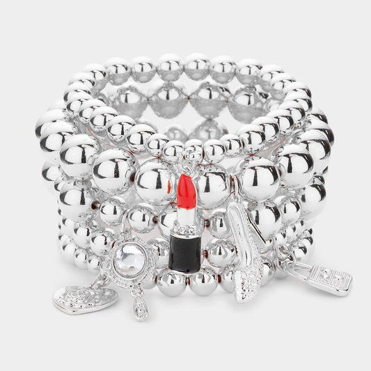 FLOWER HEART HAND MIRROR LIPSTICK STILETTO HILL TOTE BAG CHARM BEADED STRETCH BRACELETS