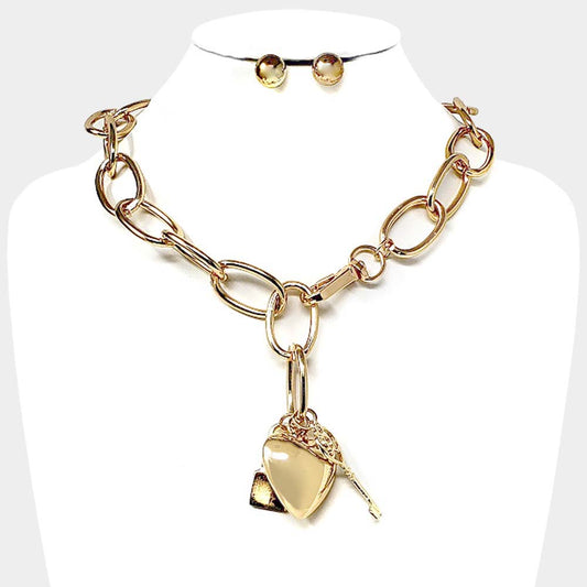 METAL HEART KEY LOCK PENDANT NECKLACE