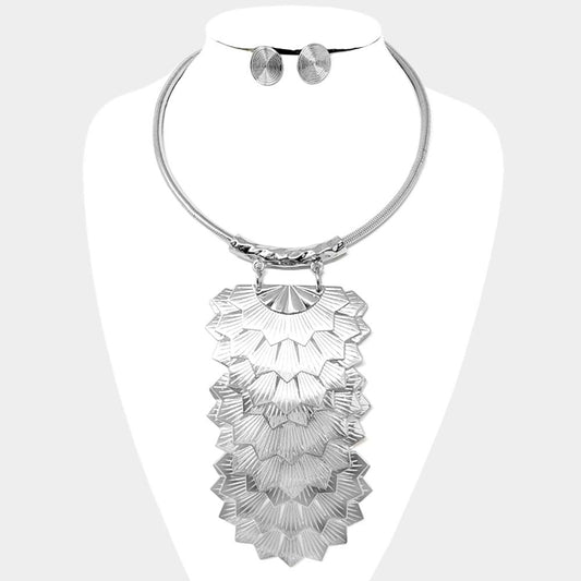 SILVER METAL ART DECO DROP NECKLACE