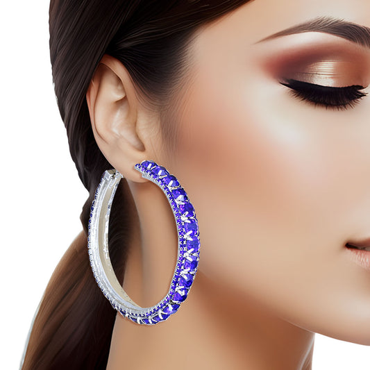 Silver Blue Stone Claw Set Hoops