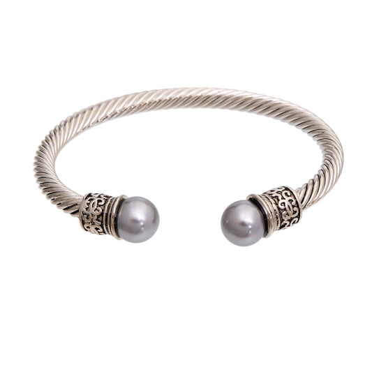 Gray Pearl Cable Classic Bangle: Gray / Adjustable / Burnished Silver