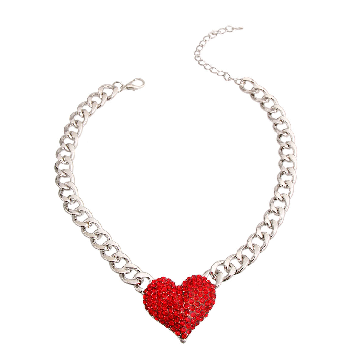 Red Rhinestone Heart Silver Necklace