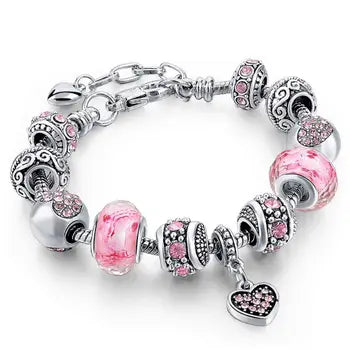 Pink Austrian Crystal And Heart Charm Bracelet