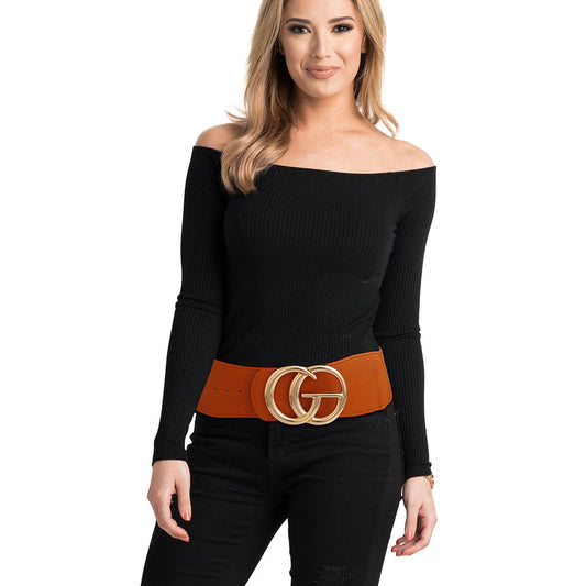 Camel and Gold Letter Wide Stretch Belt