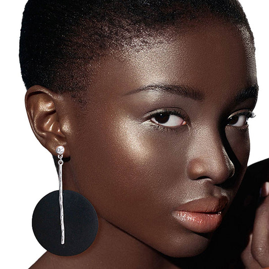Black Wood Disc Silver Bar Earrings