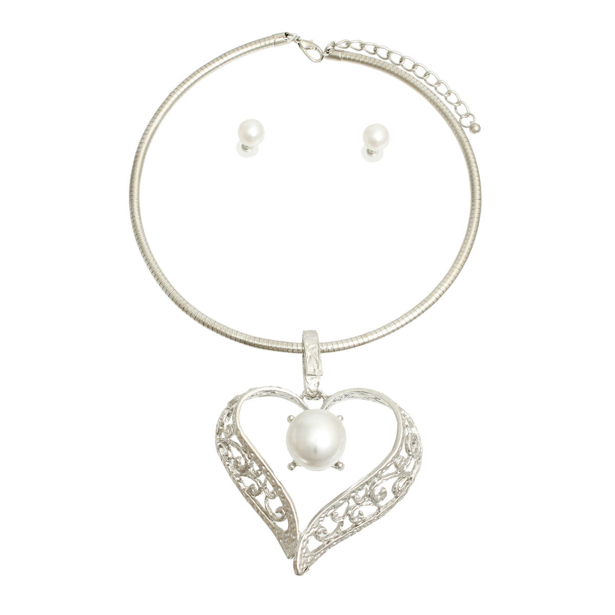 Silver Filigree Heart Pearl Necklace