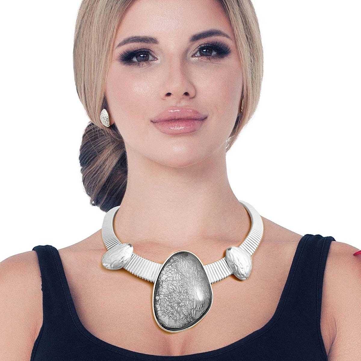 Silver Omega Black Resin Necklace