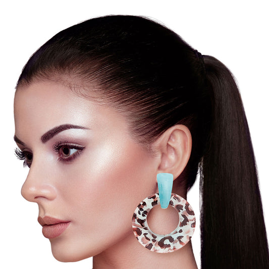 Aqua Leopard Circle Earrings