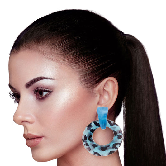 Blue Leopard Circle Earrings