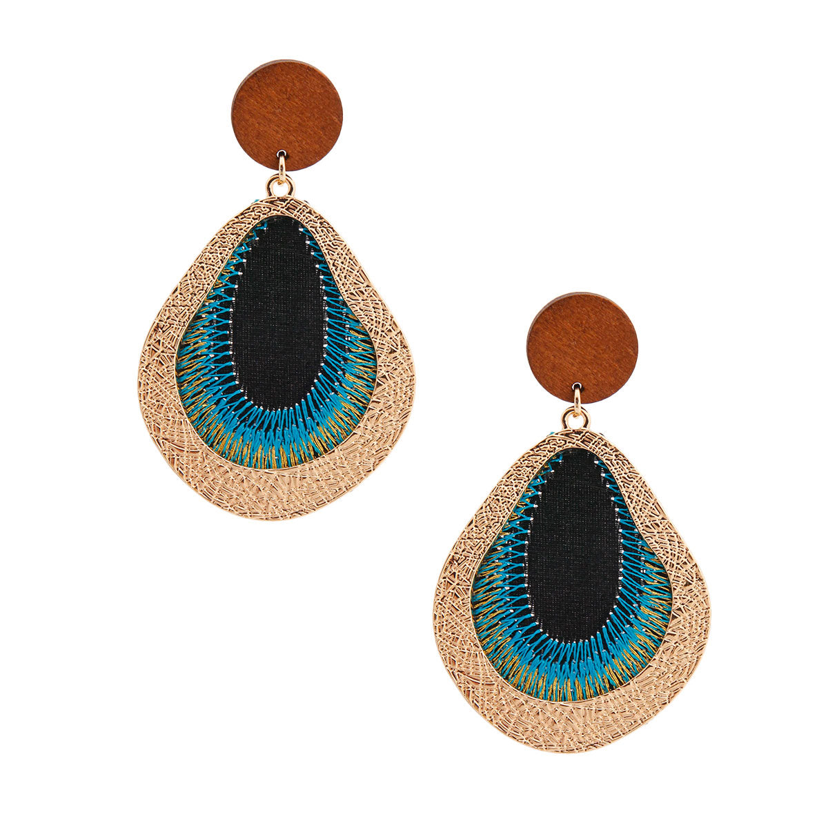 Embroidered Aqua Teardrop Earrings