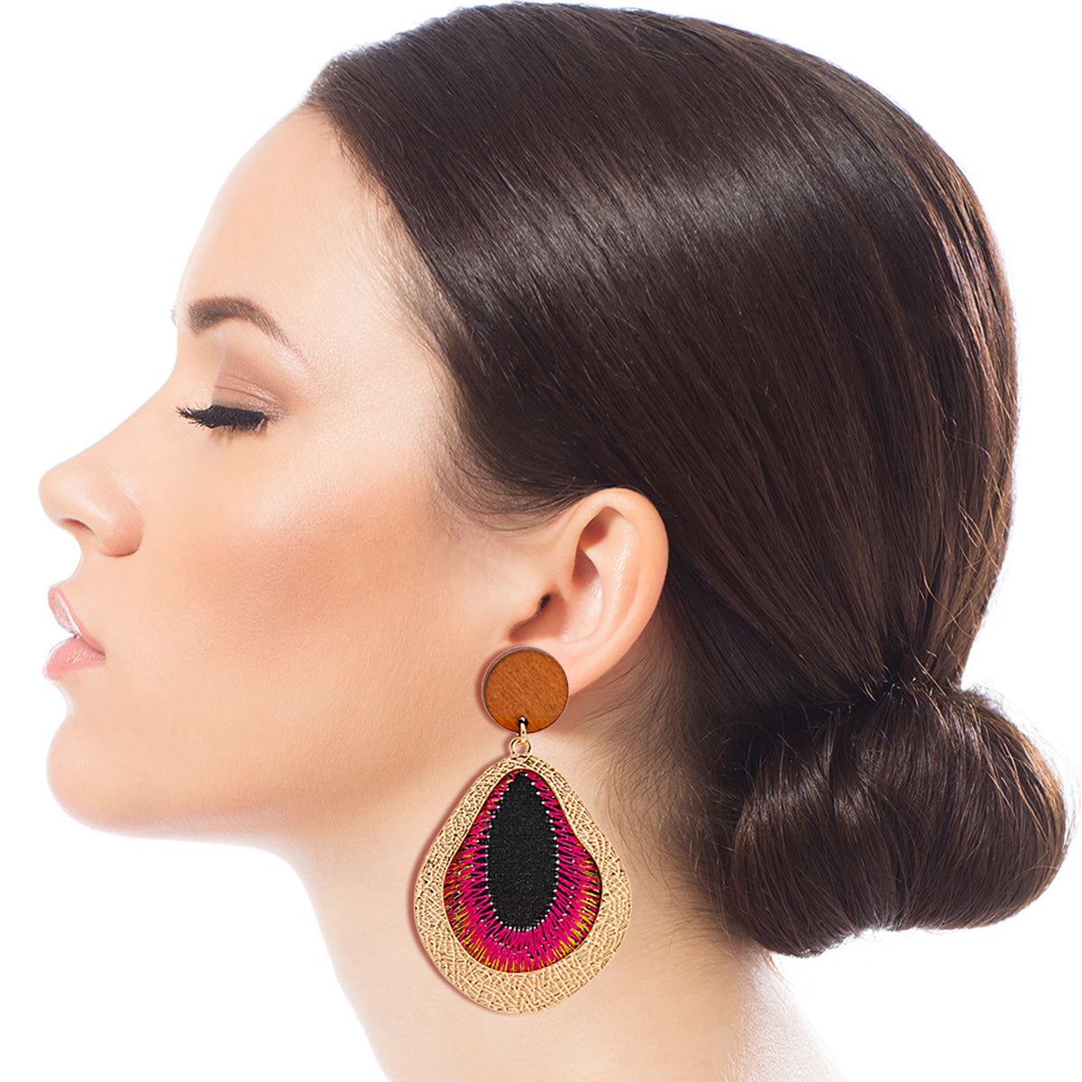 Embroidered Fuchsia Teardrop Earrings