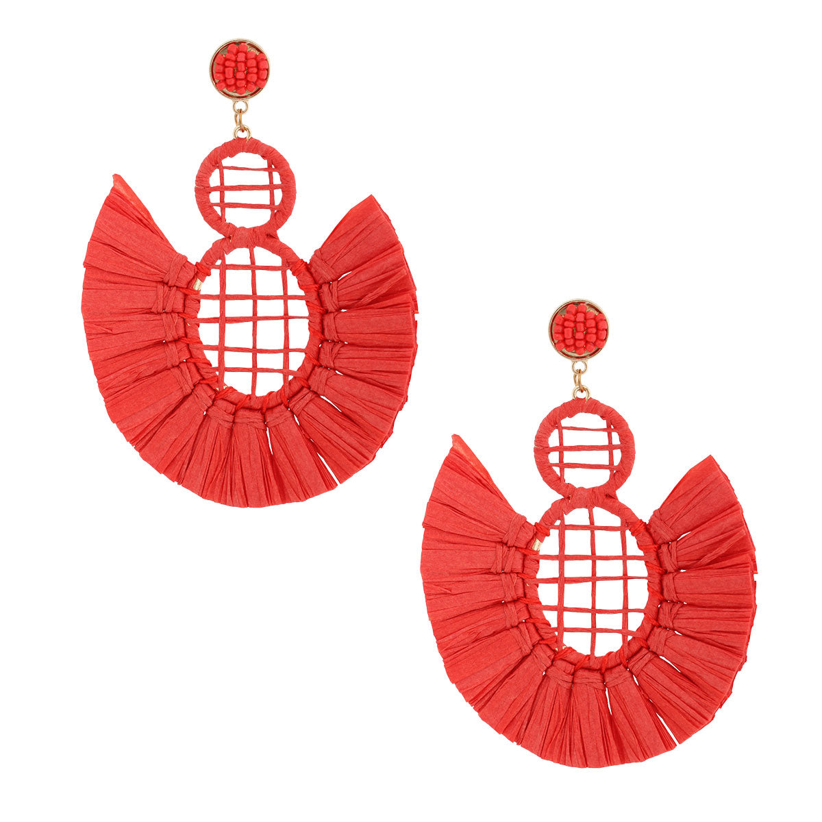 Red Woven Raffia Tassel Earrings