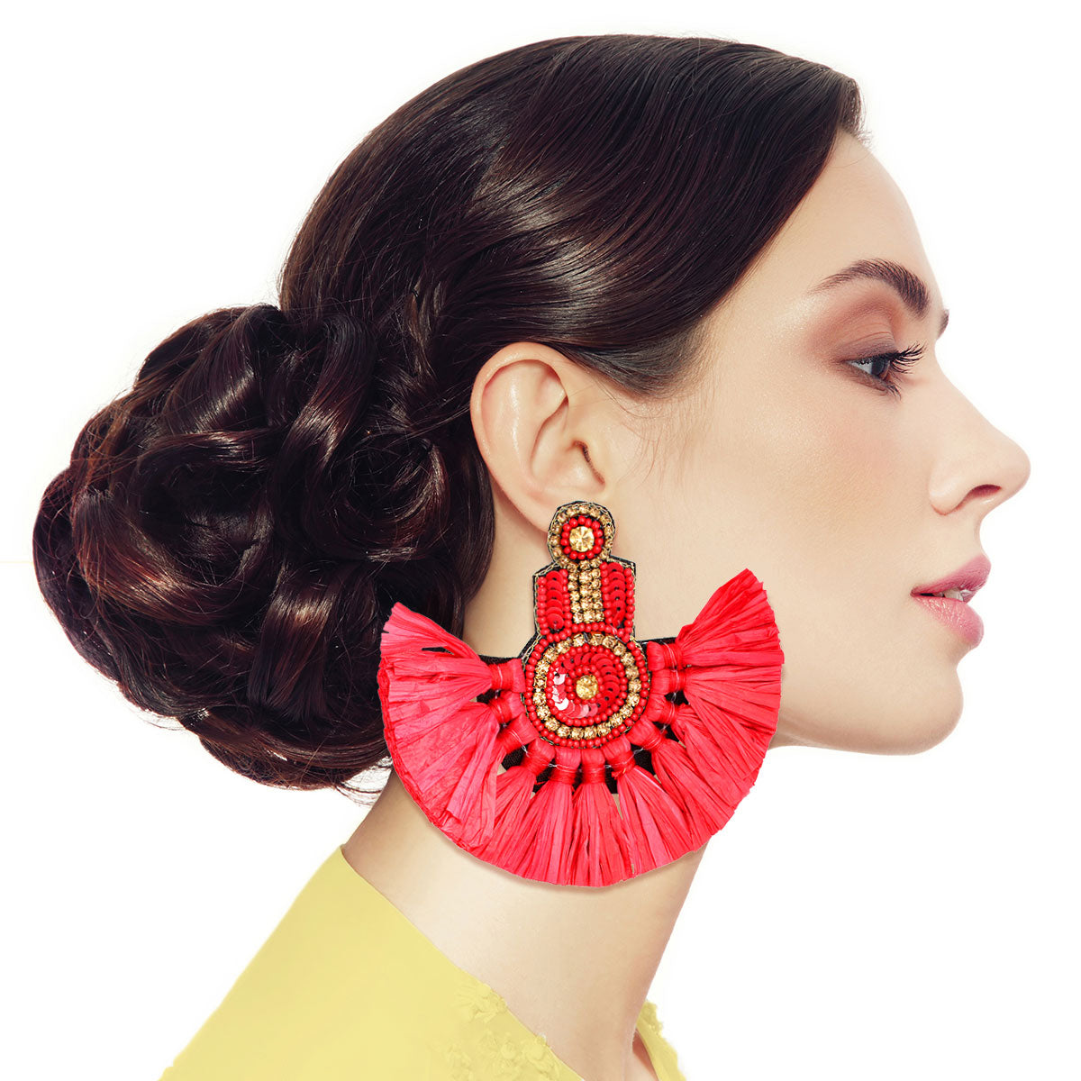 Red Raffia Fan Tassel Beaded Earrings