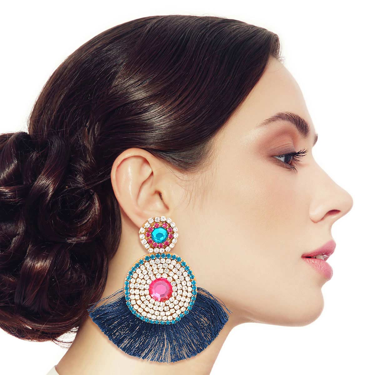Navy Tassel Rhinestone Circle Earrings